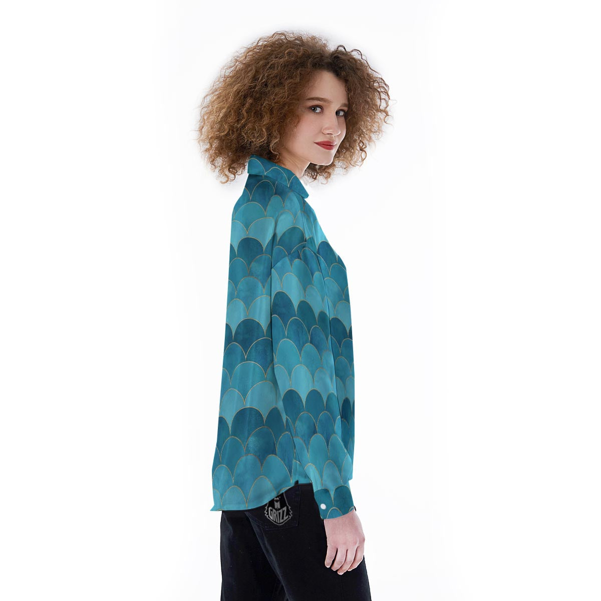 Scales Teal Mermaid Print Pattern Women's Long Sleeve Shirts-grizzshop