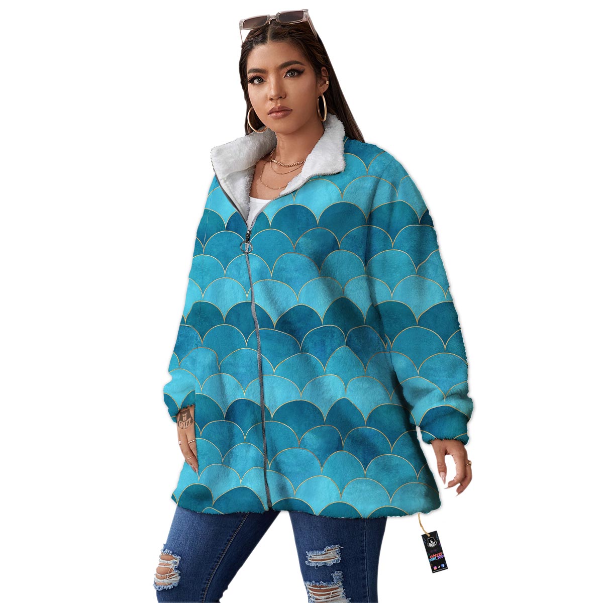 Scales Teal Mermaid Print Pattern Women's Sherpa Jacket-grizzshop