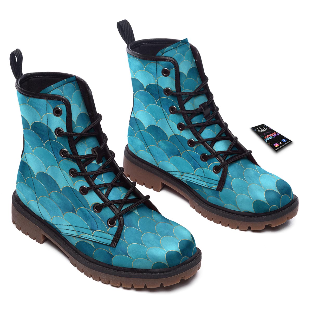 Scales Teal Mermaid Print Pattern Work Boots-grizzshop