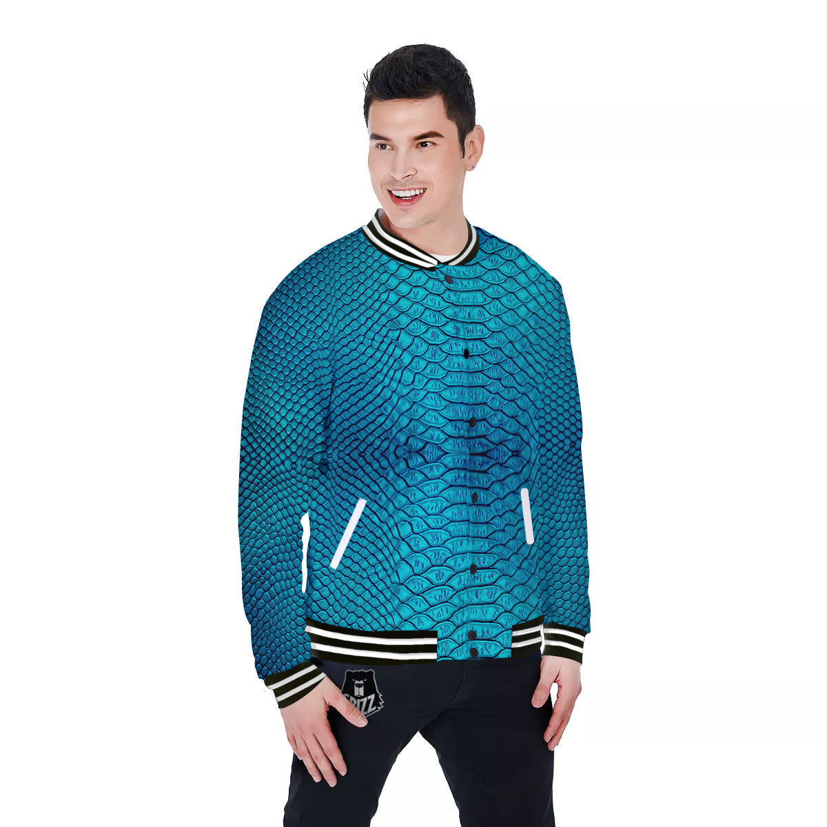 Scales Turquoise Snake Print Pattern Baseball Jacket-grizzshop