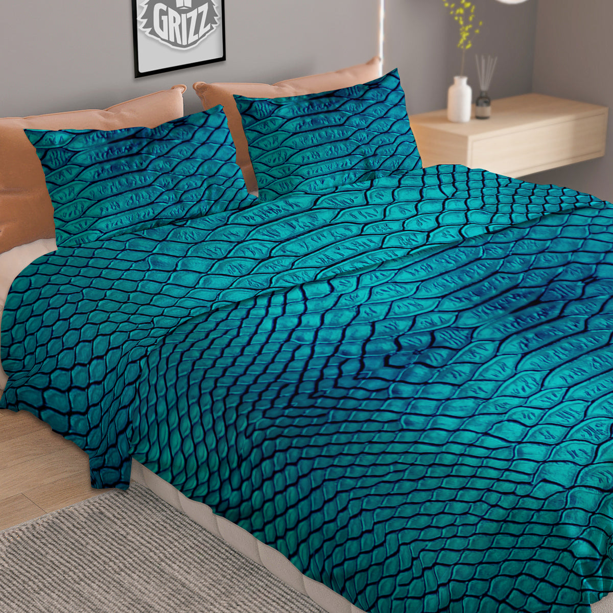 Scales Turquoise Snake Print Pattern Duvet Cover Bedding Set