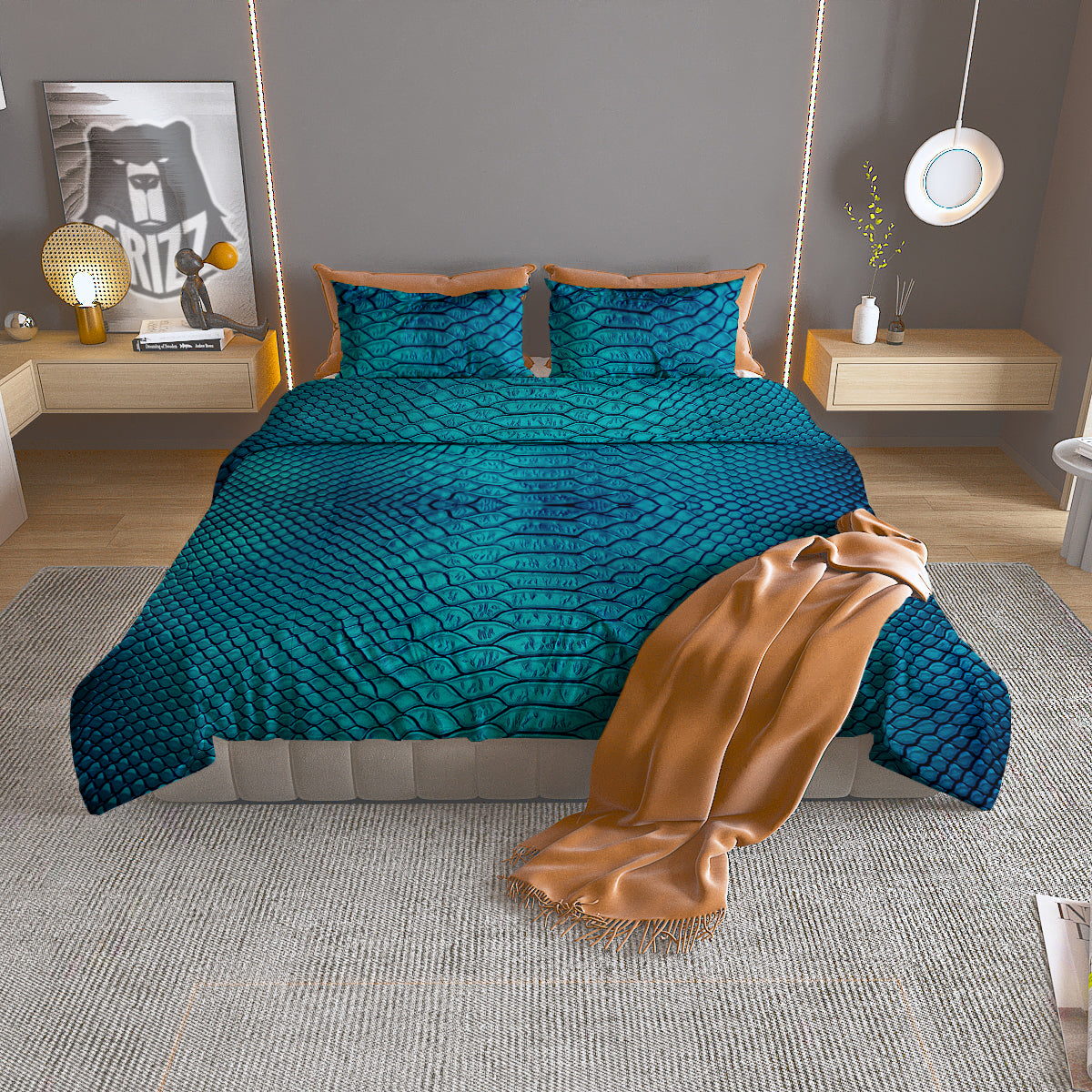 Scales Turquoise Snake Print Pattern Duvet Cover Bedding Set