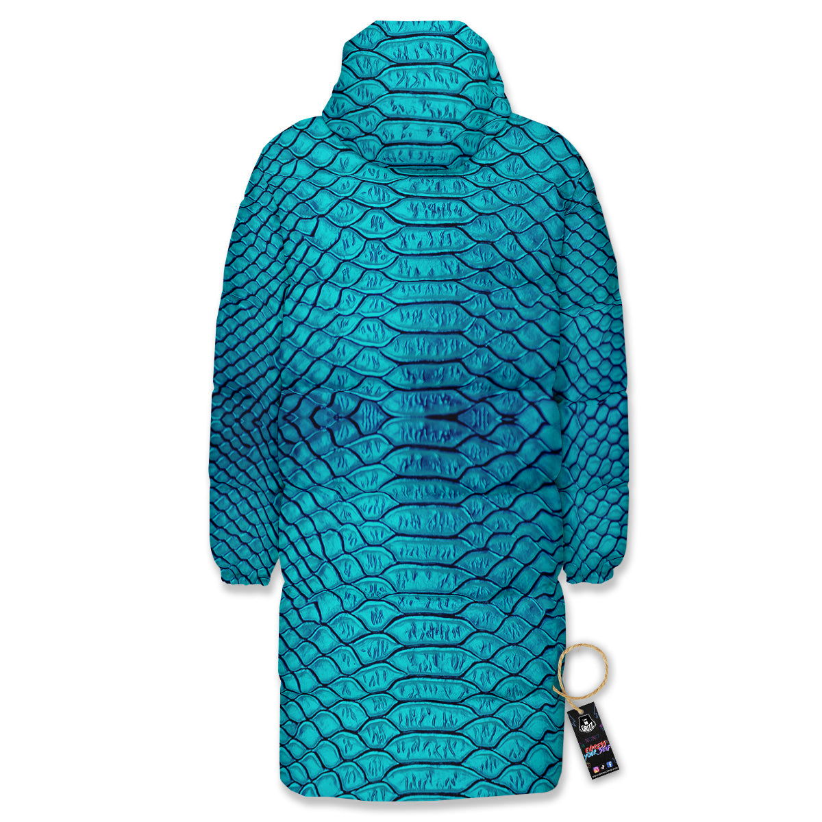 Scales Turquoise Snake Print Pattern Long Down Jacket-grizzshop