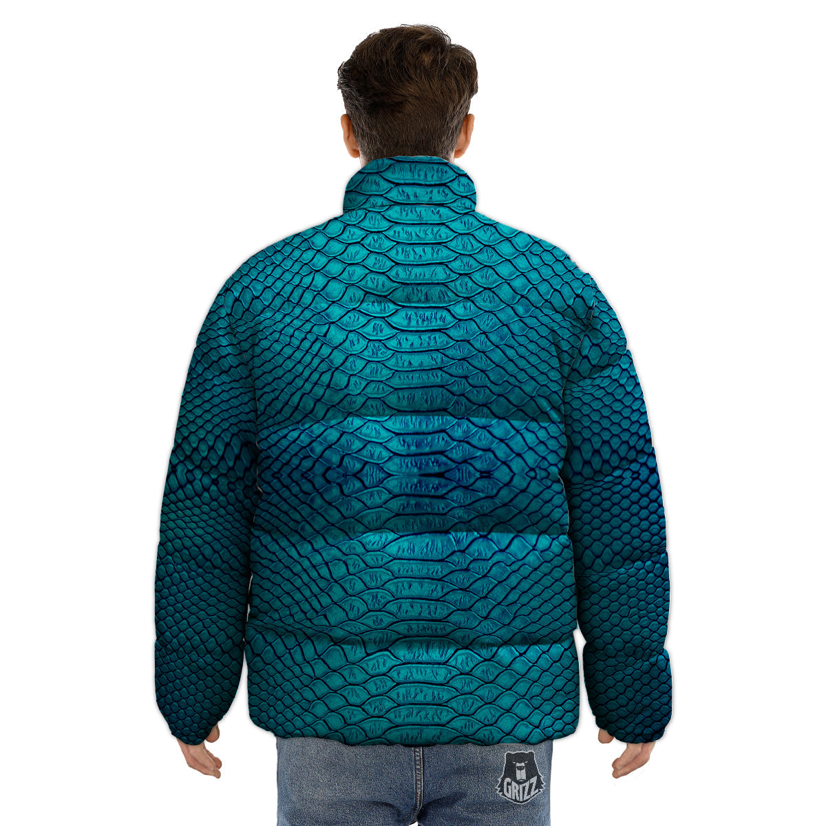 Scales Turquoise Snake Print Pattern Puffer Jacket-grizzshop