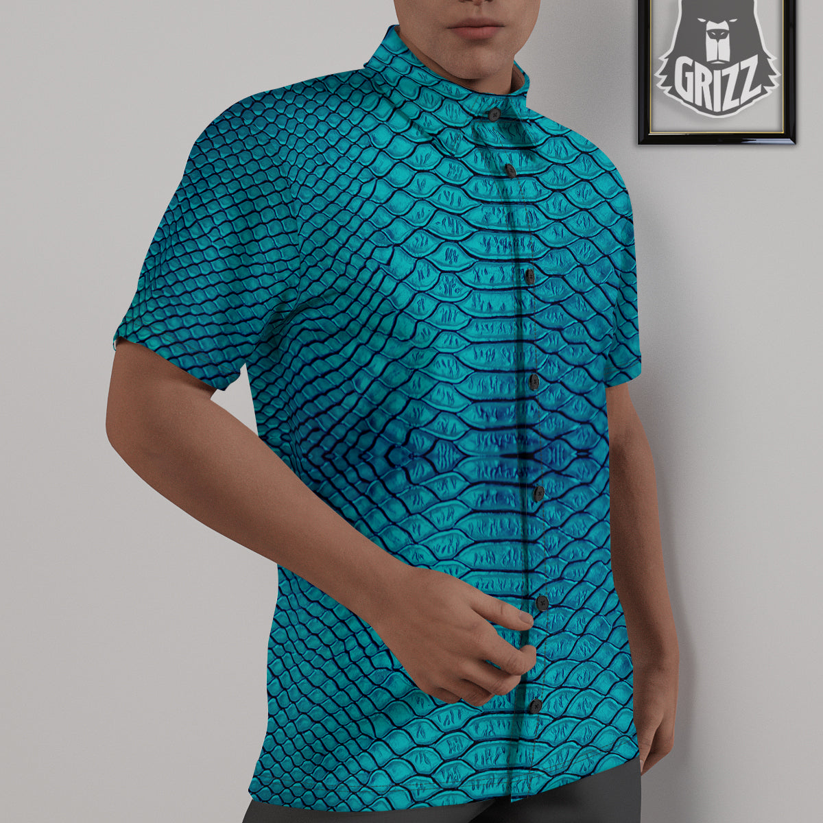 Scales Turquoise Snake Print Pattern Untucked Shirts-grizzshop