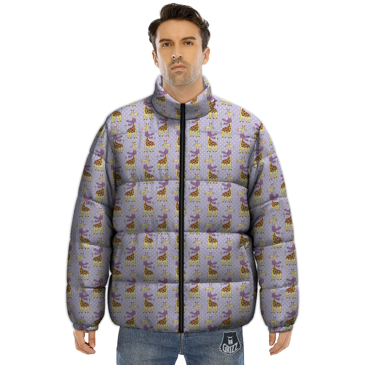Scarf With Giraffe Print Pattern Puffer Jacket-grizzshop