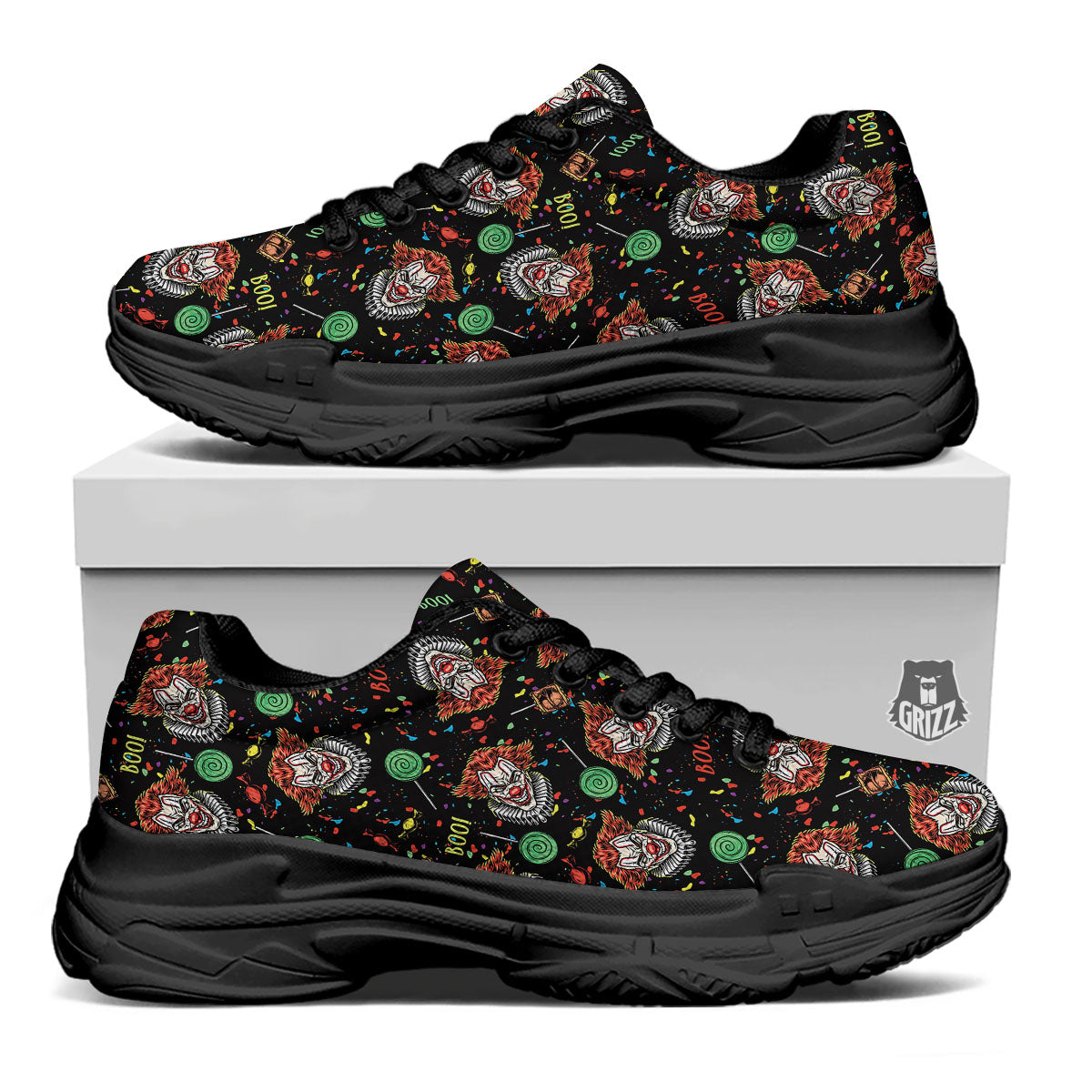 Scary Clown Halloween Print Pattern Black Chunky Shoes-grizzshop
