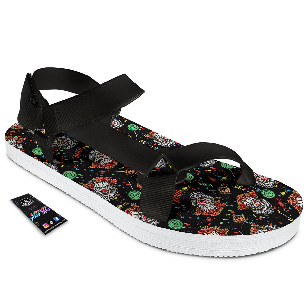 Scary Clown Halloween Print Pattern Black Open Toe Sandals-grizzshop