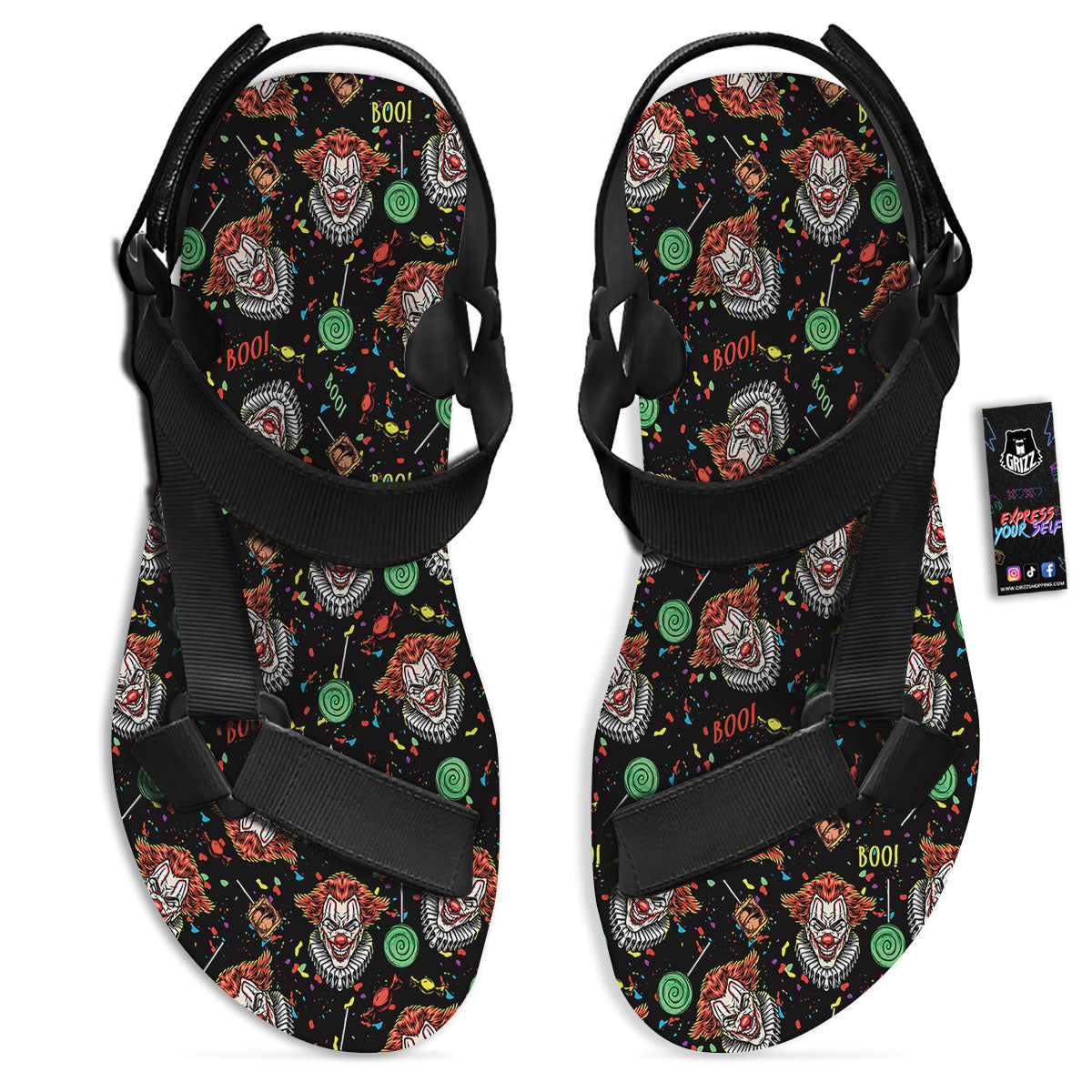 Scary Clown Halloween Print Pattern Black Open Toe Sandals-grizzshop