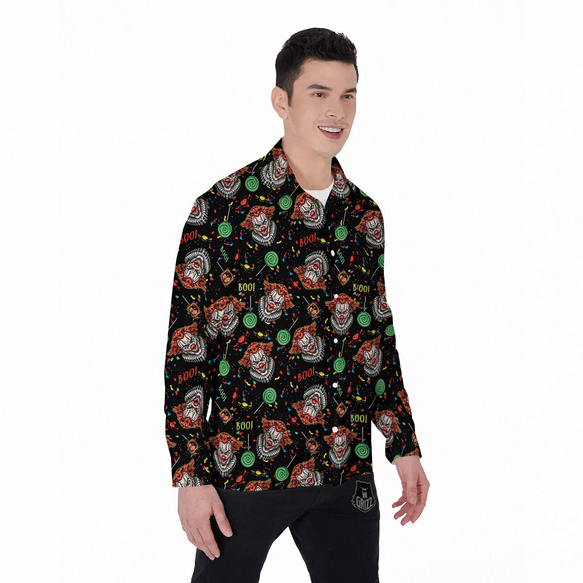 Scary Clown Halloween Print Pattern Men's Long Sleeve Shirts-grizzshop