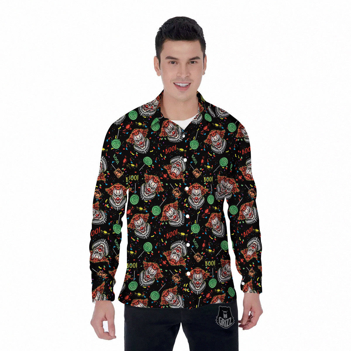 Scary Clown Halloween Print Pattern Men's Long Sleeve Shirts-grizzshop