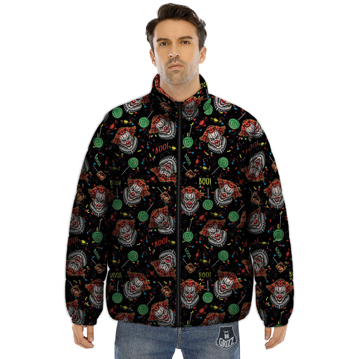 Scary Clown Halloween Print Pattern Puffer Jacket-grizzshop