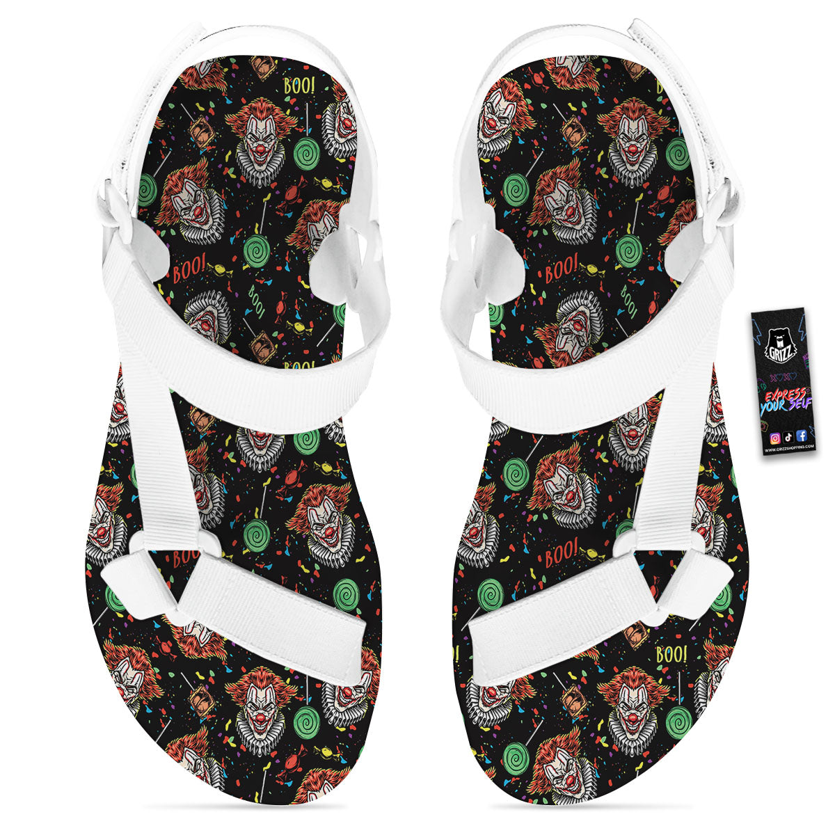 Scary Clown Halloween Print Pattern White Open Toe Sandals-grizzshop