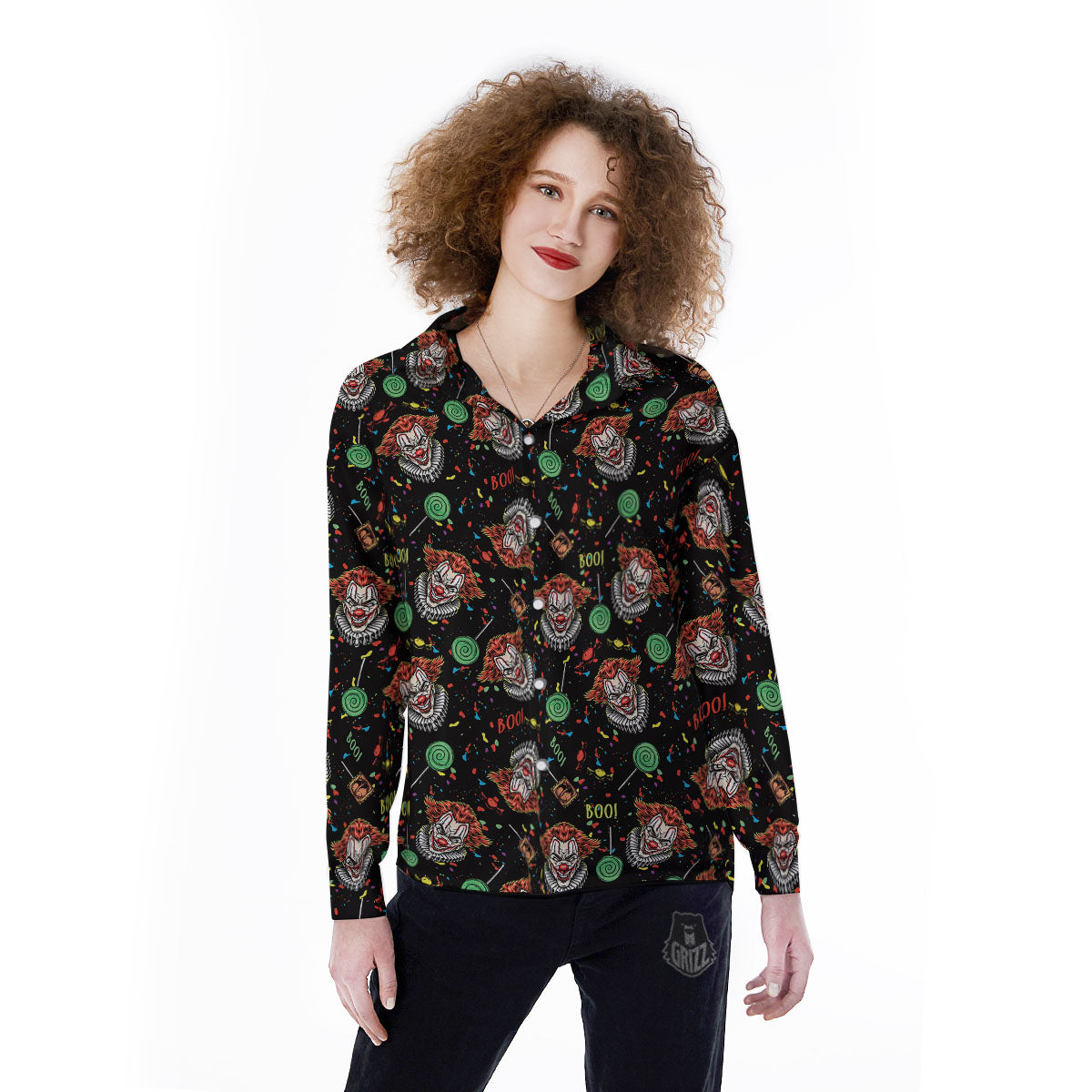 Scary Clown Halloween Print Pattern Women's Long Sleeve Shirts-grizzshop