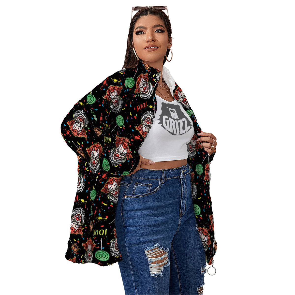 Scary Clown Halloween Print Pattern Women's Sherpa Jacket-grizzshop