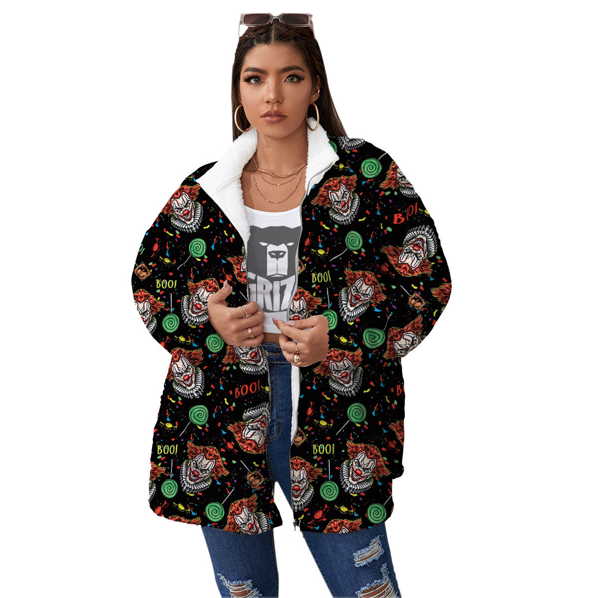 Scary Clown Halloween Print Pattern Women's Sherpa Jacket-grizzshop