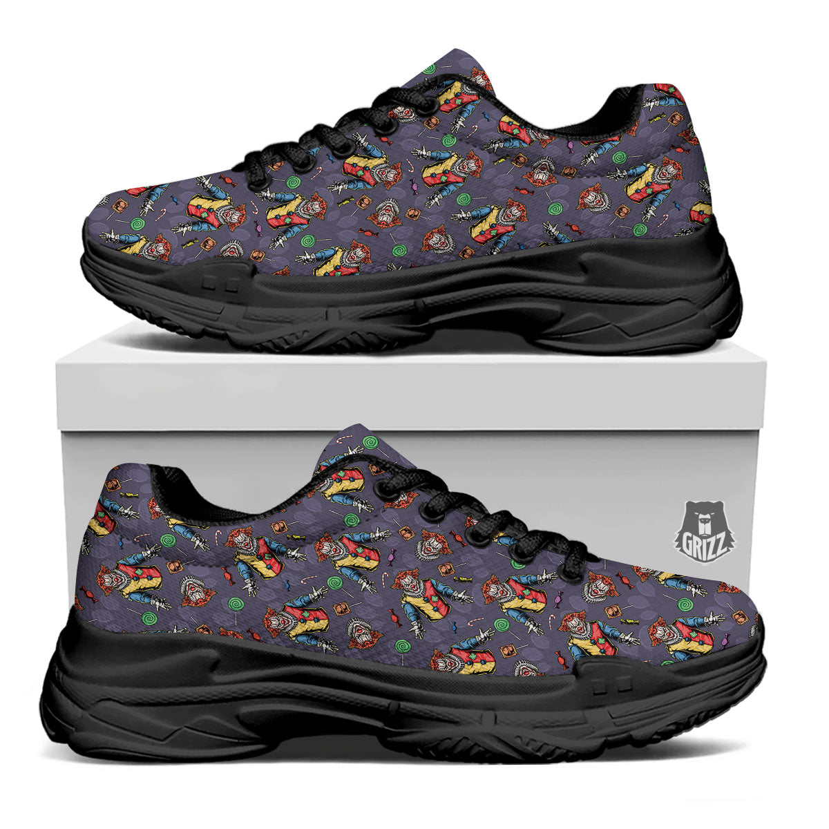 Scary Evil Clown Print Pattern Black Chunky Shoes-grizzshop