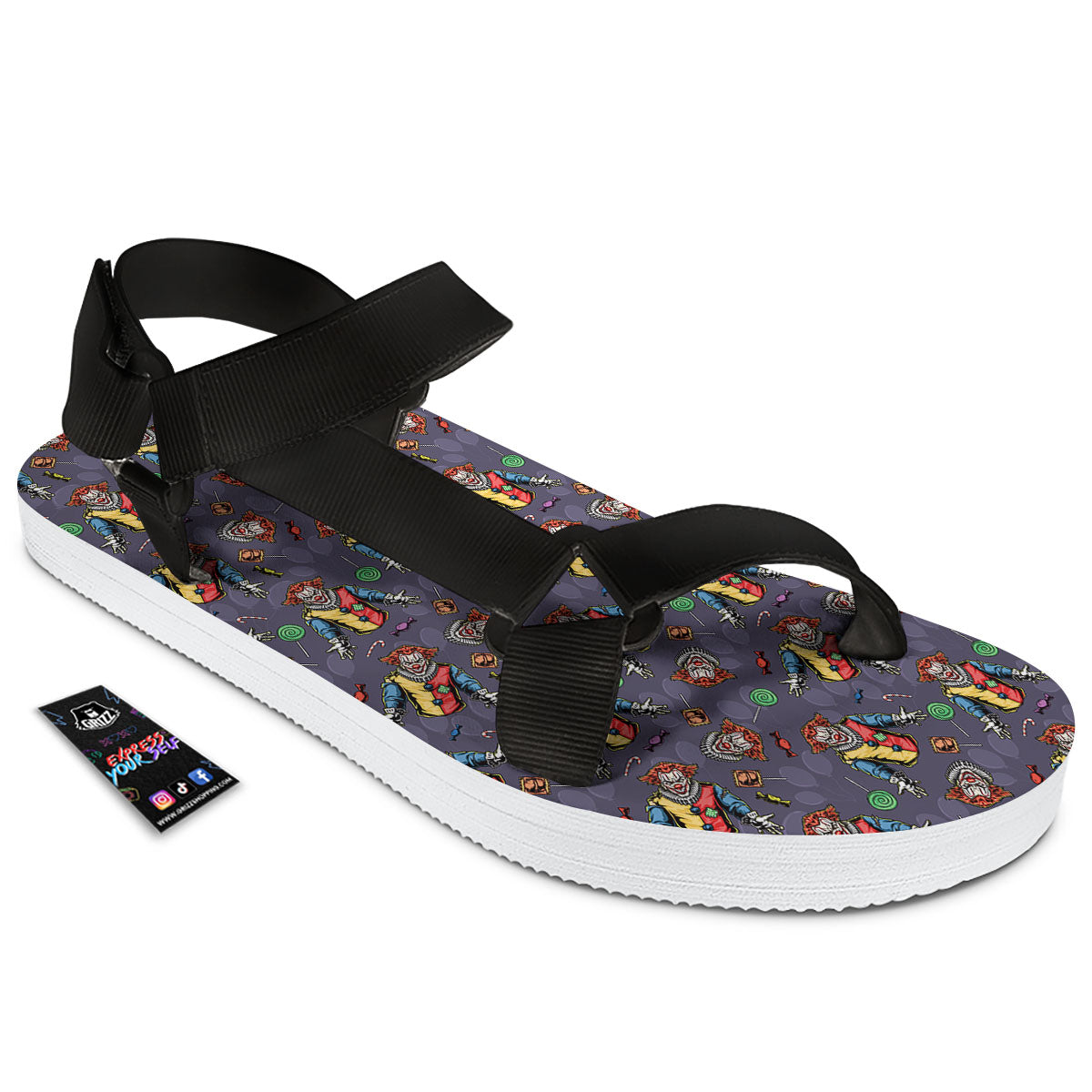 Scary Evil Clown Print Pattern Black Open Toe Sandals-grizzshop