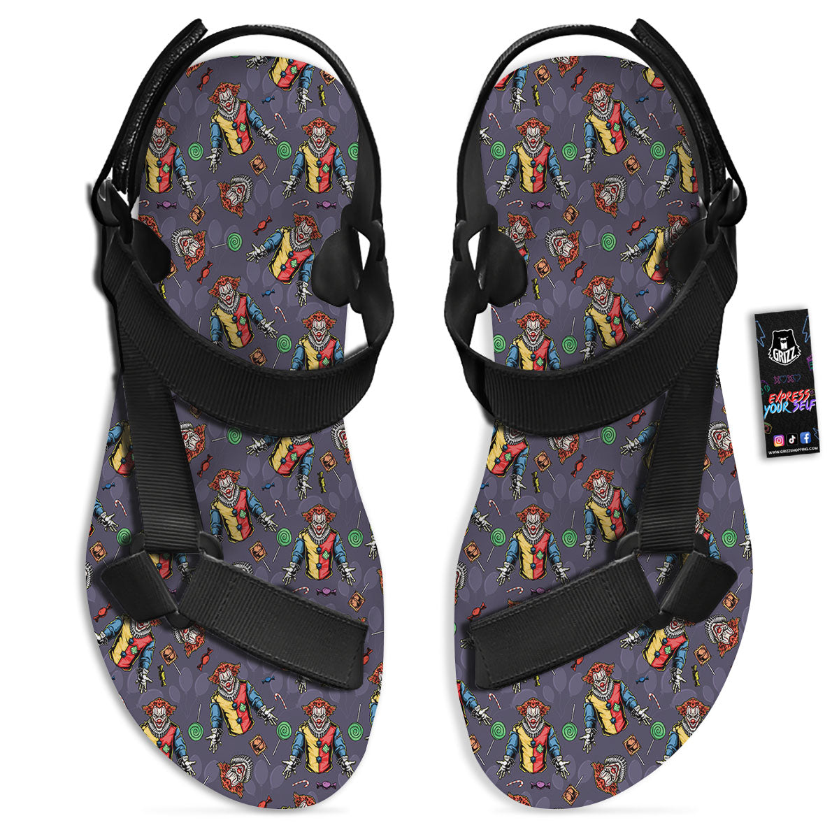 Scary Evil Clown Print Pattern Black Open Toe Sandals-grizzshop