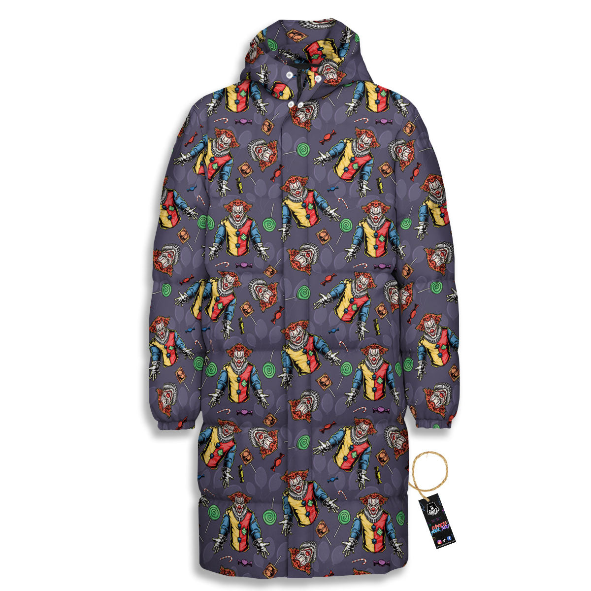 Scary Evil Clown Print Pattern Long Down Jacket-grizzshop