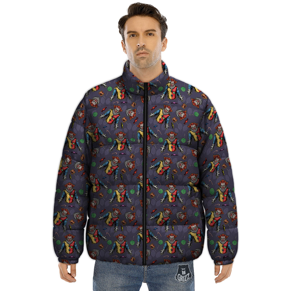 Scary Evil Clown Print Pattern Puffer Jacket-grizzshop