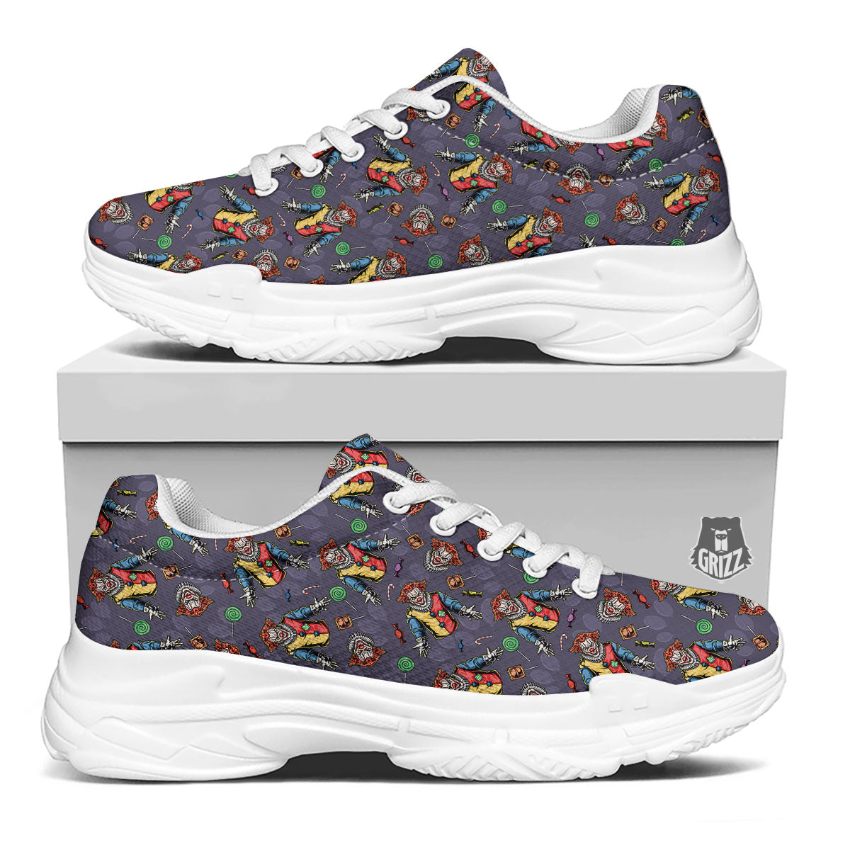 Scary Evil Clown Print Pattern White Chunky Shoes-grizzshop