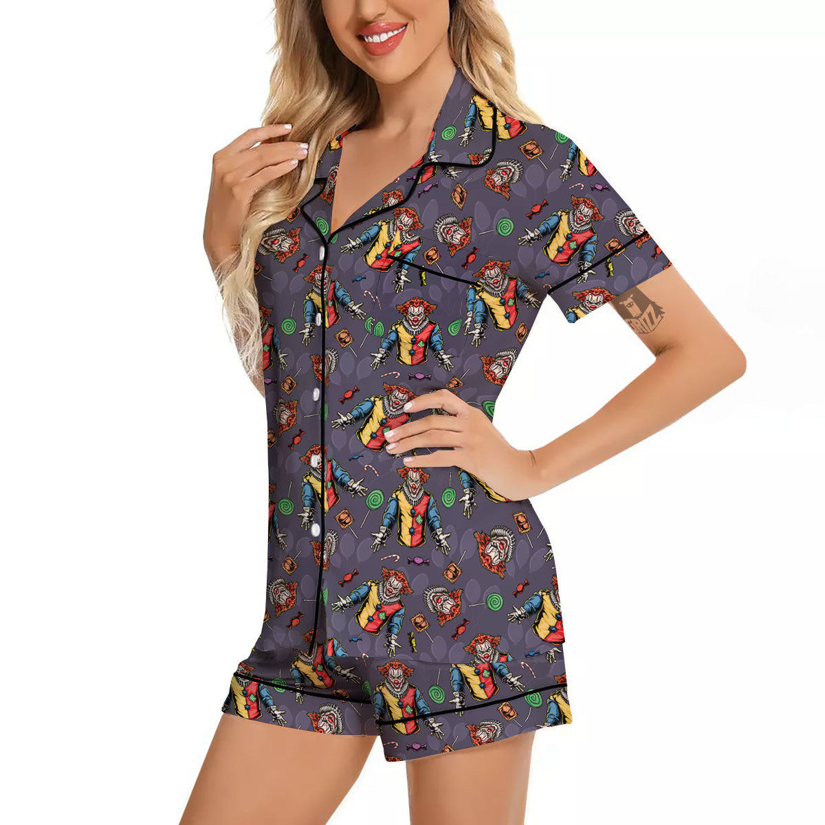 Scary Evil Clown Print Pattern Women Silk Pajamas-grizzshop