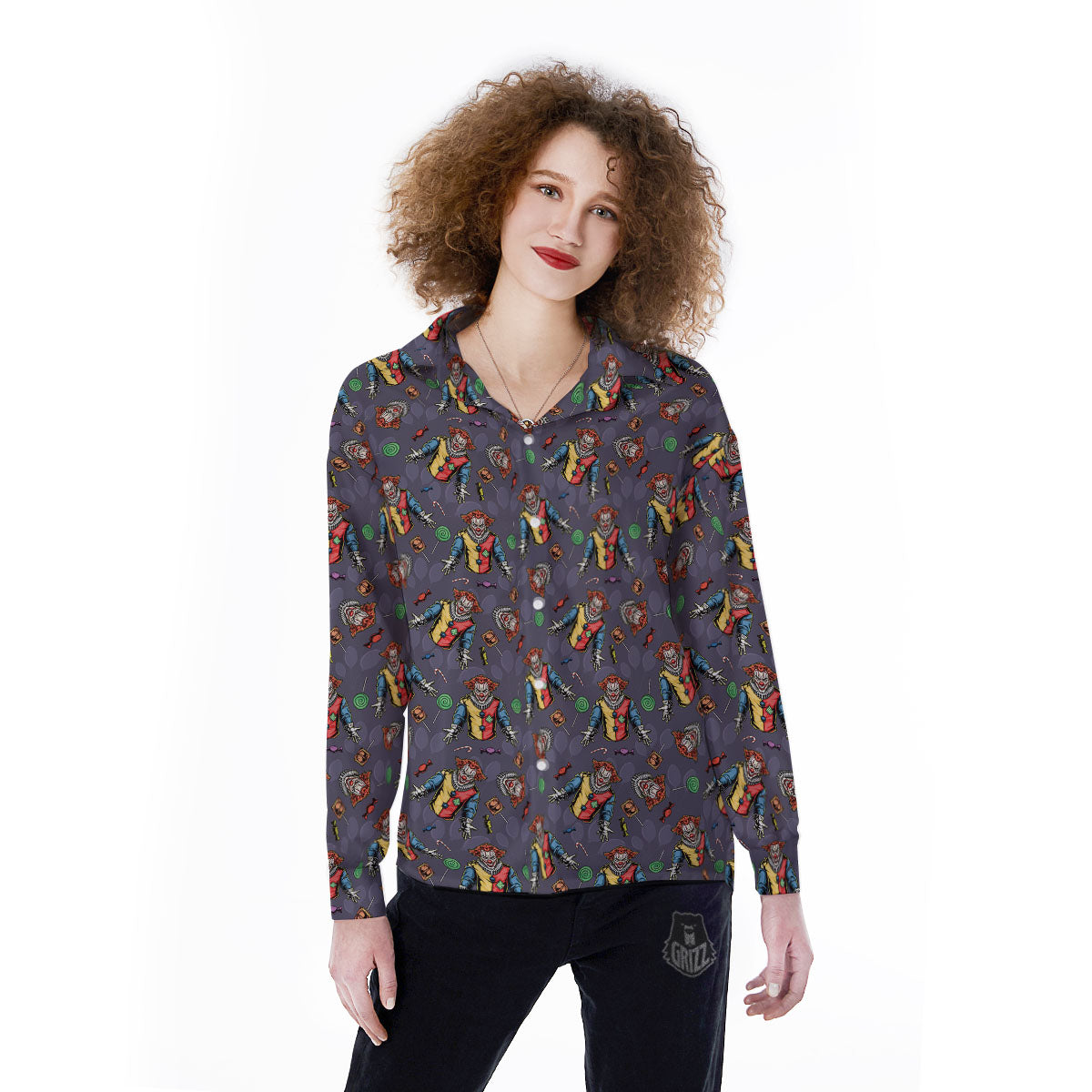 Scary Evil Clown Print Pattern Women's Long Sleeve Shirts-grizzshop