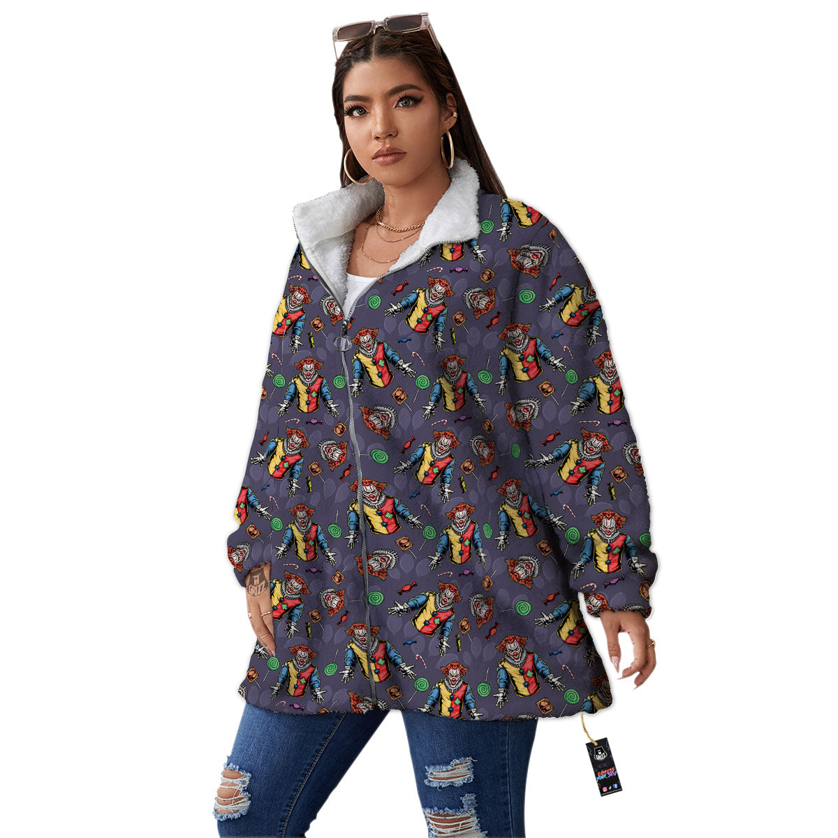 Scary Evil Clown Print Pattern Women's Sherpa Jacket-grizzshop