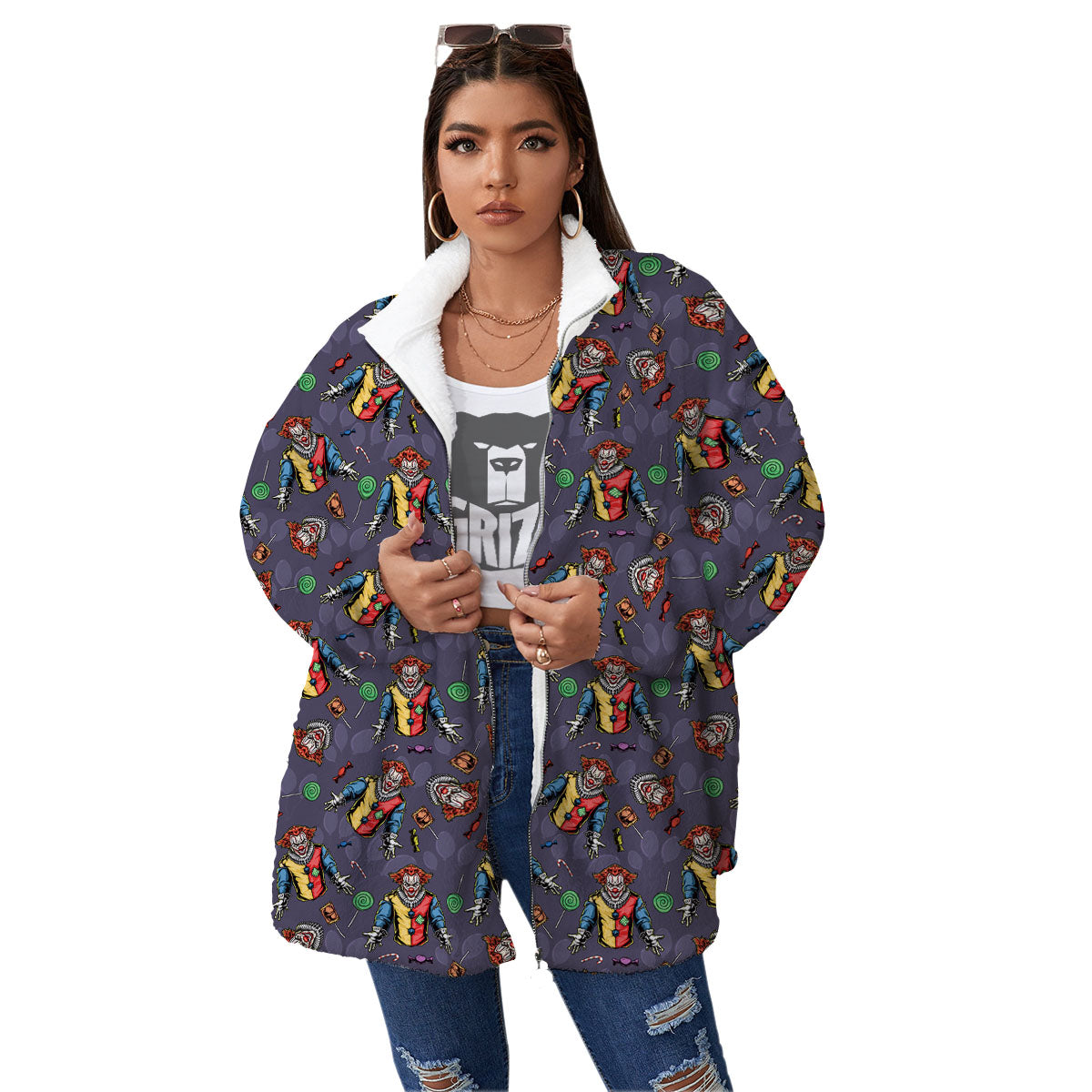 Scary Evil Clown Print Pattern Women's Sherpa Jacket-grizzshop