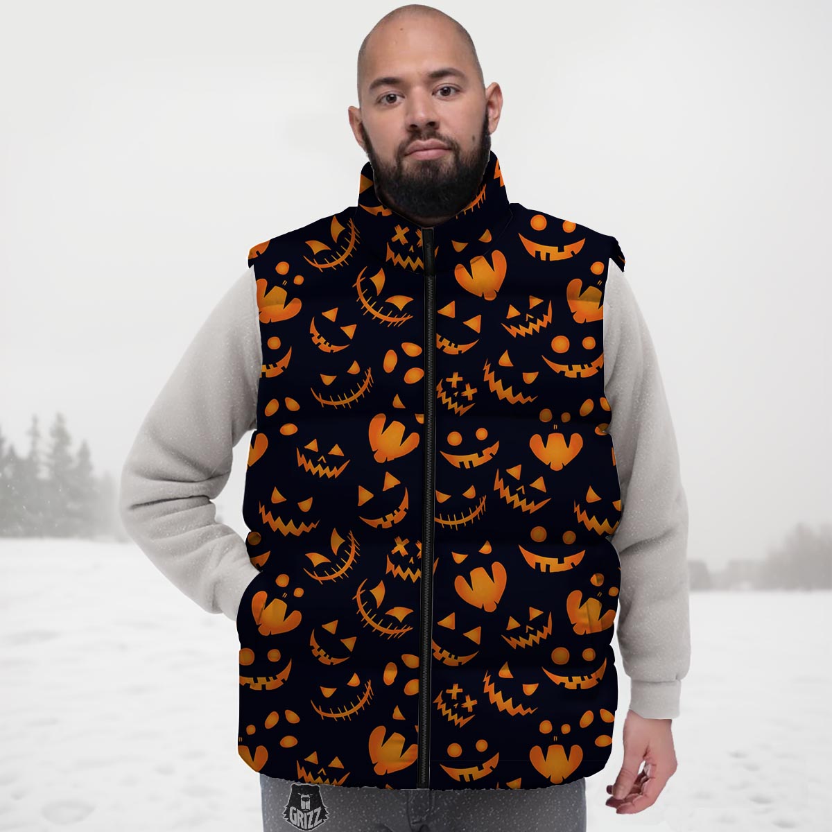 Scary Pumpkin Halloween Print Pattern Down Vest