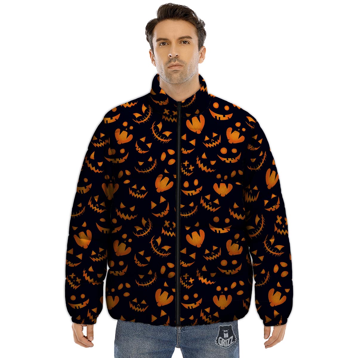 Scary Pumpkin Halloween Print Pattern Puffer Jacket-grizzshop