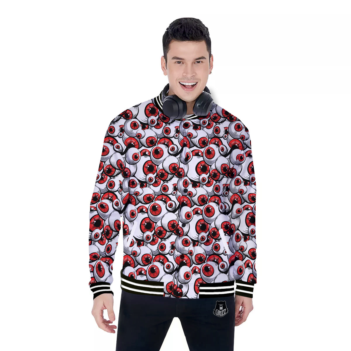 Scary Red Eyes Print Pattern Baseball Jacket-grizzshop