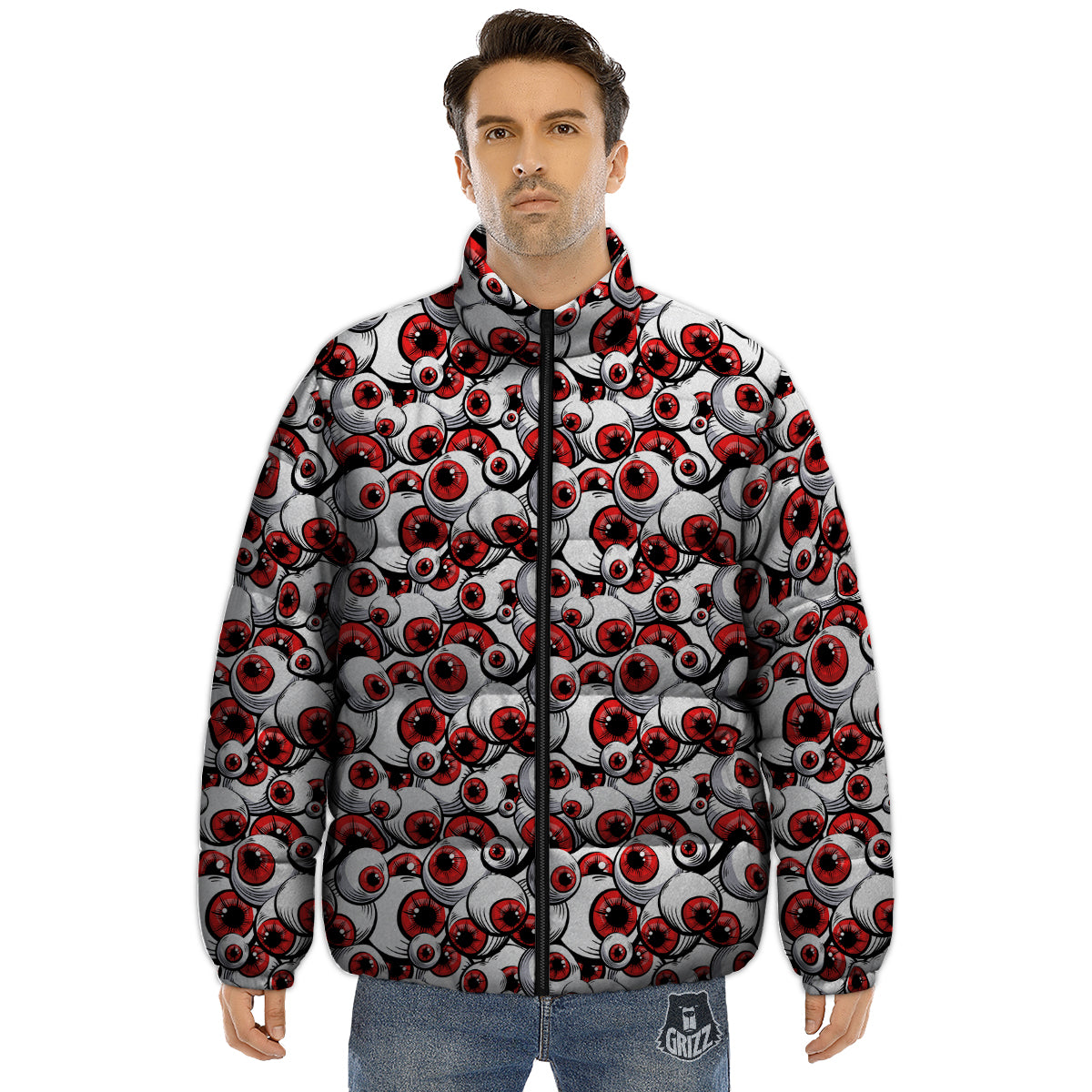 Scary Red Eyes Print Pattern Puffer Jacket-grizzshop