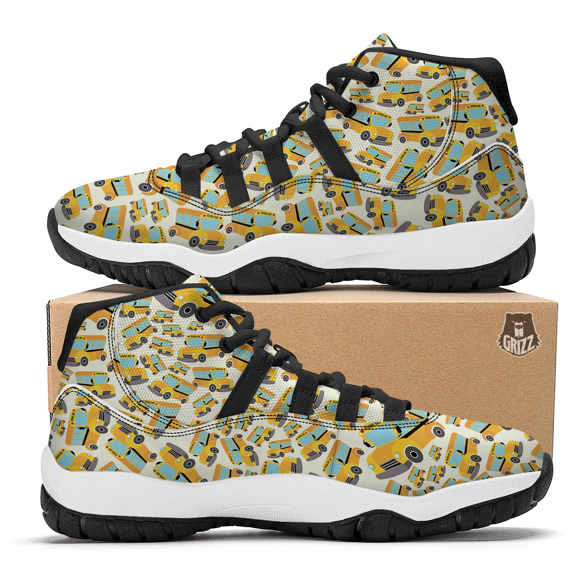 School Bus Pattern Print Black Bball Shoes-grizzshop