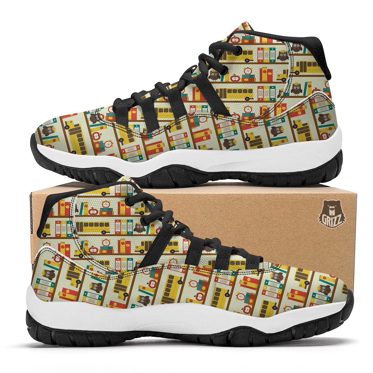 School Bus Print Pattern Black Bball Shoes-grizzshop