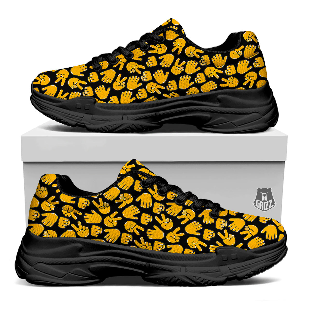Scissors Paper Rock Emoji Print Pattern Black Chunky Shoes-grizzshop