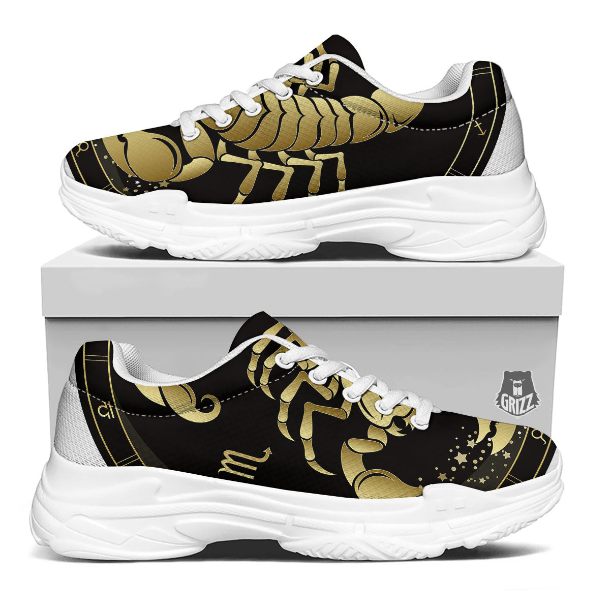 Scorpio Sign Black And Gold Print White Chunky Shoes-grizzshop
