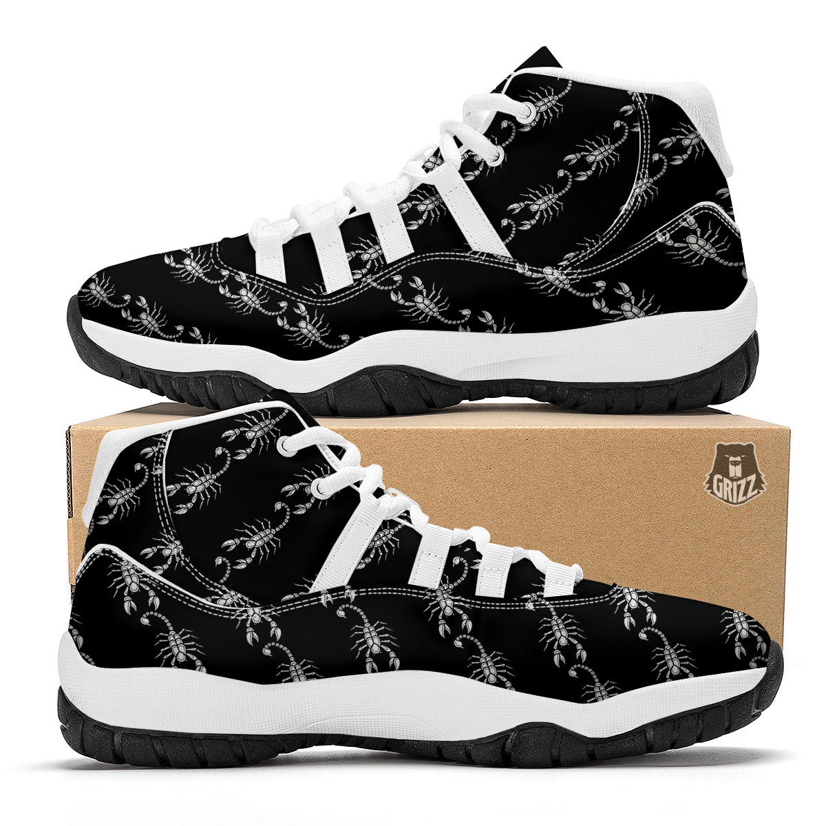 Scorpion Black Print Pattern White Bball Shoes-grizzshop
