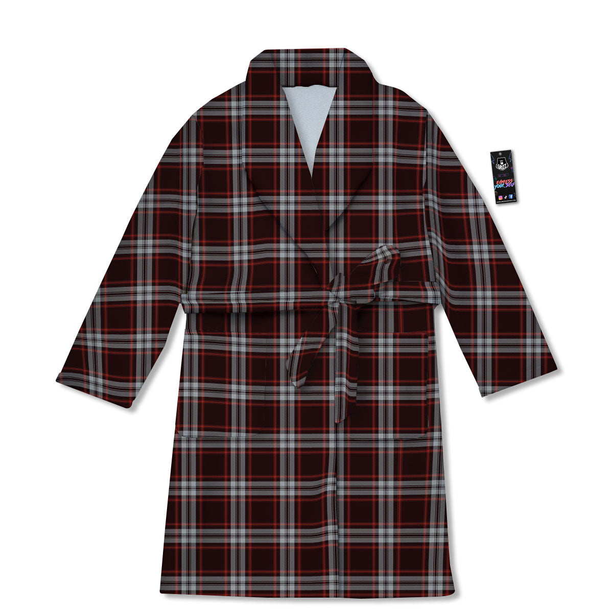 Scottish Plaid Grey Black And Red Print Bathrobe-grizzshop