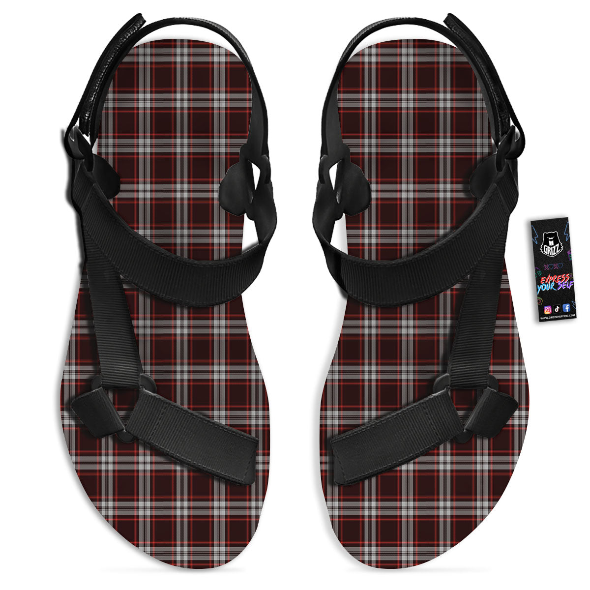 Scottish Plaid Grey Black And Red Print Black Open Toe Sandals-grizzshop