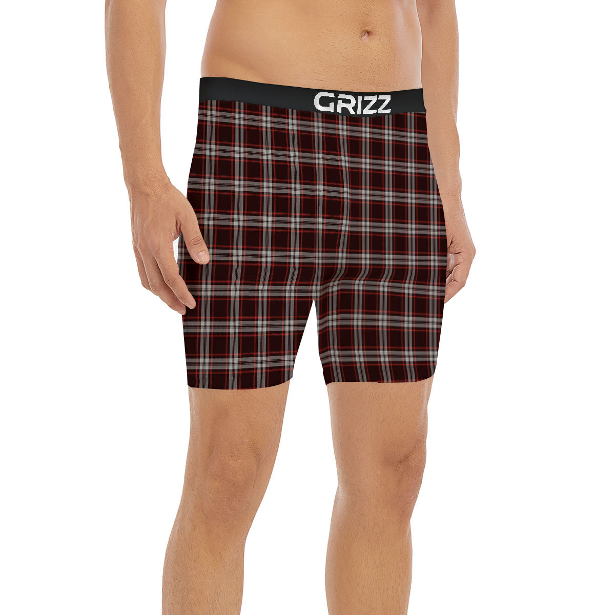 Scottish Plaid Grey Black And Red Print Boxer Briefs-grizzshop