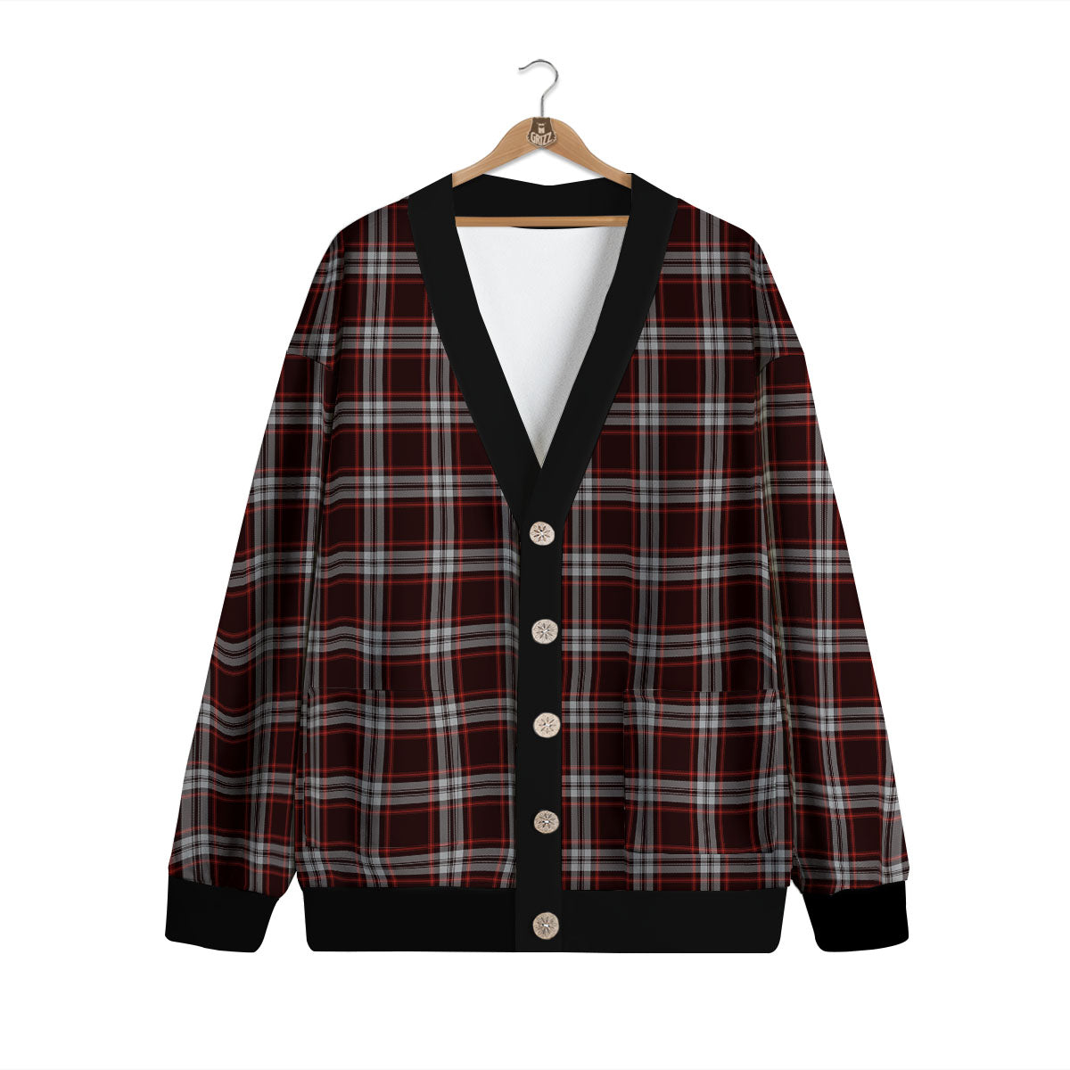 Scottish Plaid Grey Black And Red Print Cardigan-grizzshop