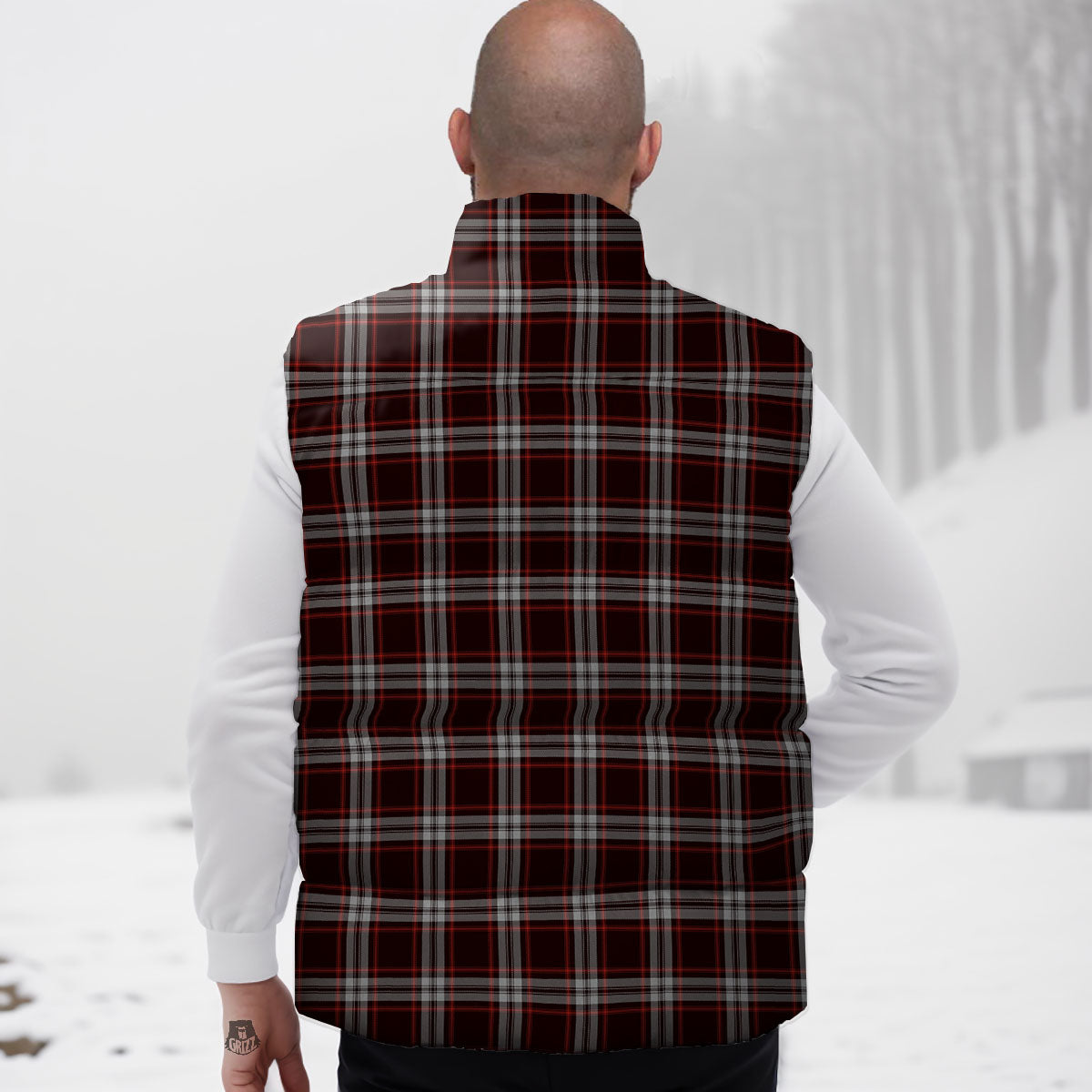 Scottish Plaid Grey Black And Red Print Down Vest