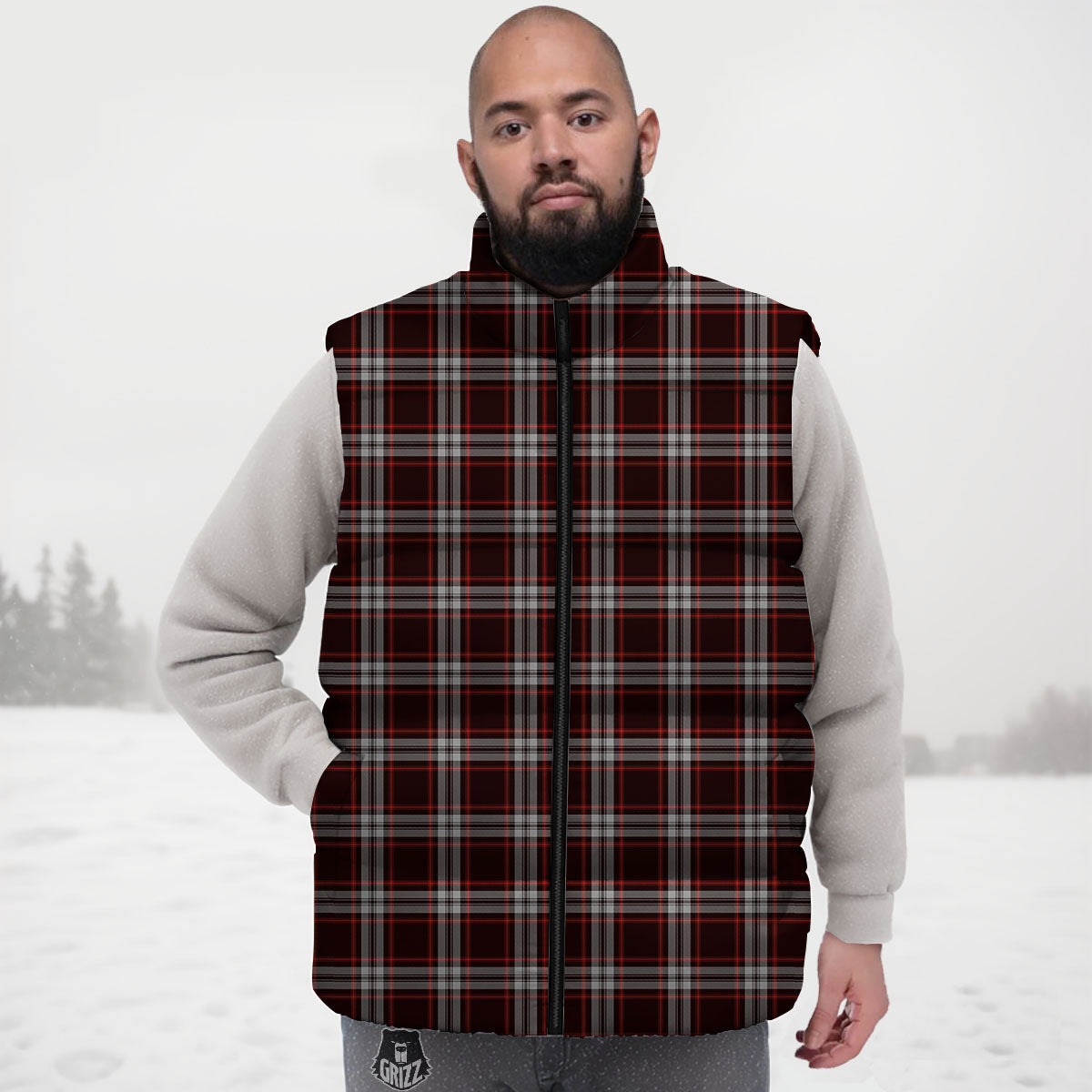 Scottish Plaid Grey Black And Red Print Down Vest