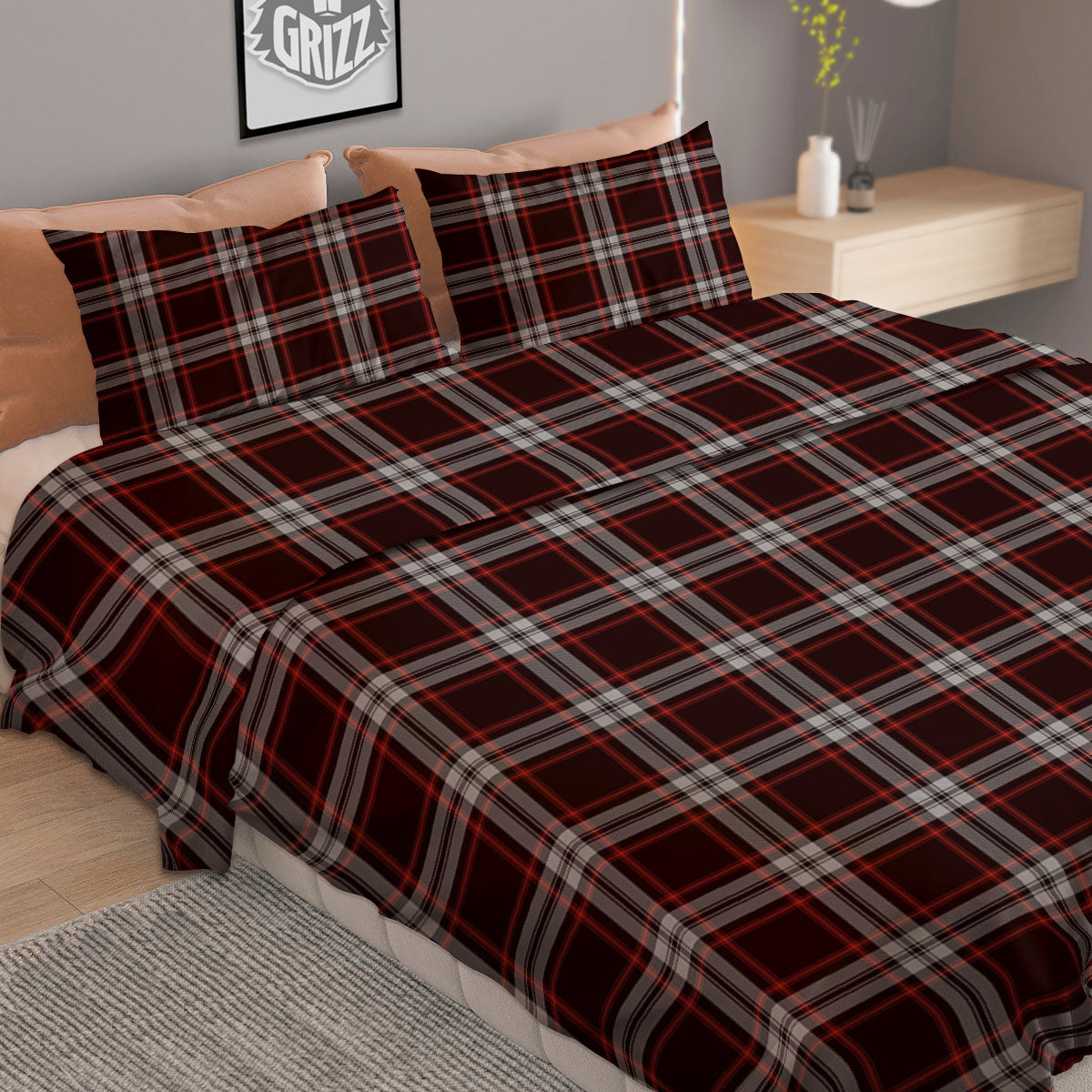 Scottish Plaid Grey Black And Red Print Duvet Cover Bedding Set