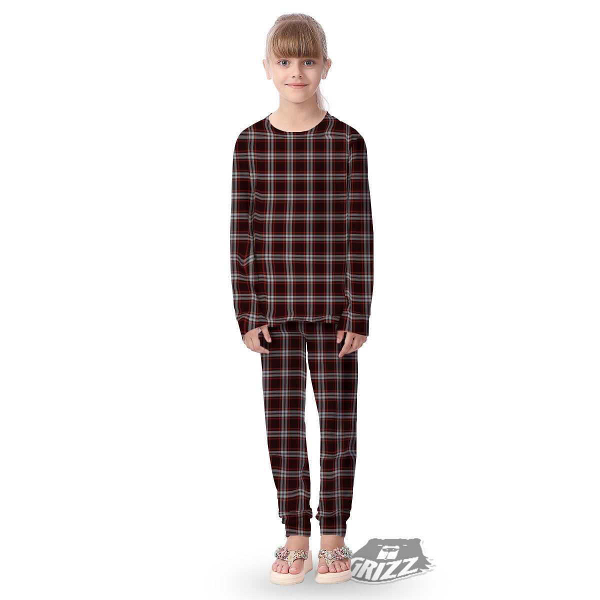 Scottish Plaid Grey Black And Red Print Kid's Pajamas-grizzshop
