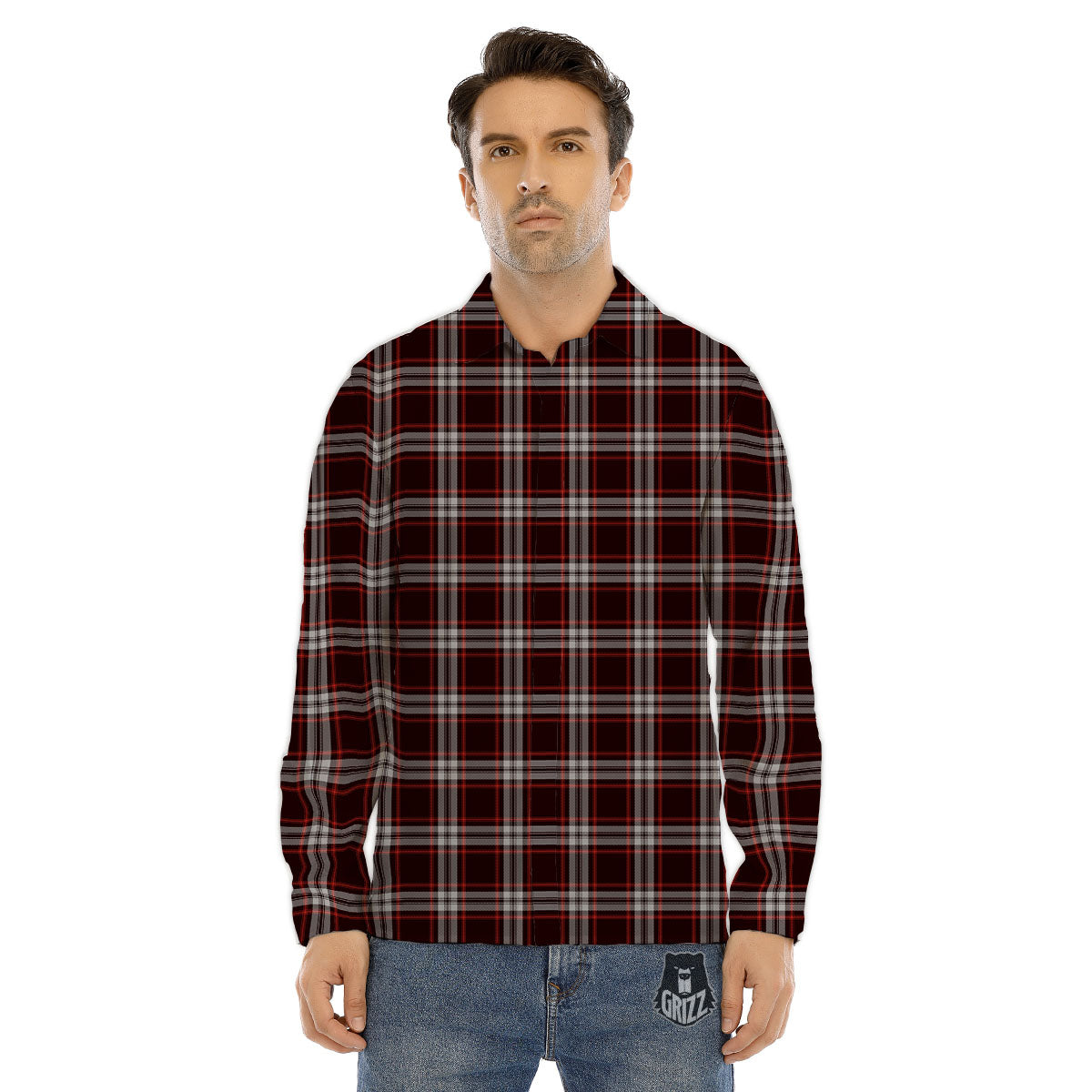 Scottish Plaid Grey Black And Red Print Men's Dress Shirts-grizzshop