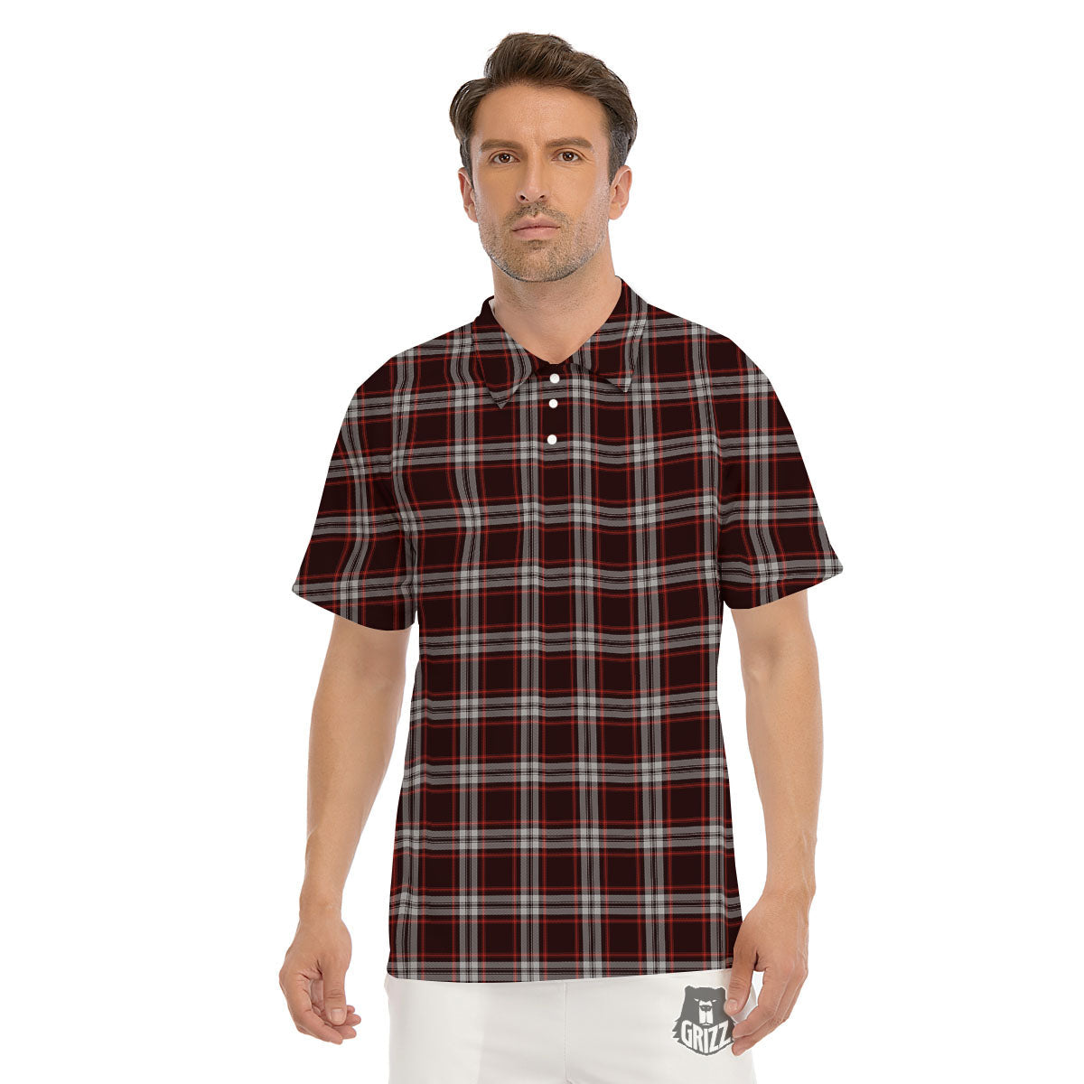Scottish Plaid Grey Black And Red Print Men's Golf Shirts-grizzshop