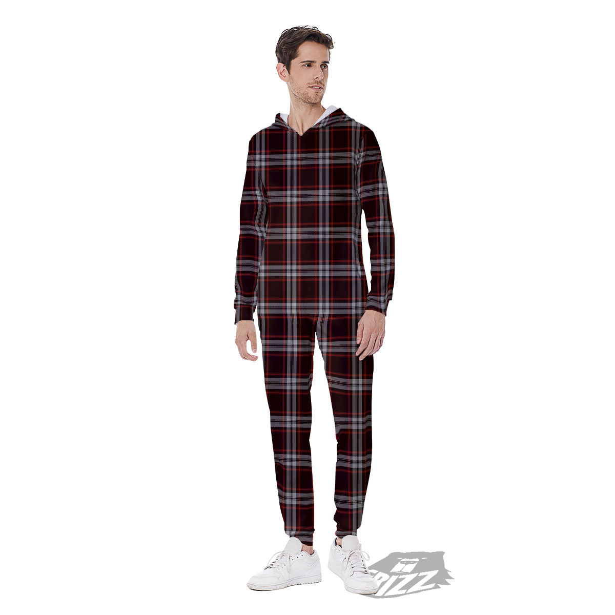 Scottish Plaid Grey Black And Red Print Men's Jumpsuit-grizzshop